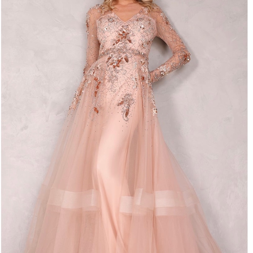 TERANI COUTURE - 1722M4354 V-Neck Beaded Overskirt Gown- NWT